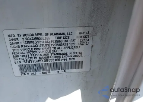 2013 Honda Pilot Ex-L z USA, uszkodzony, nr VIN 5FNYF3H5XDB033100